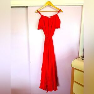 Elegant Orange-Red  Off-Shoulder Maxi Dress Sz Large